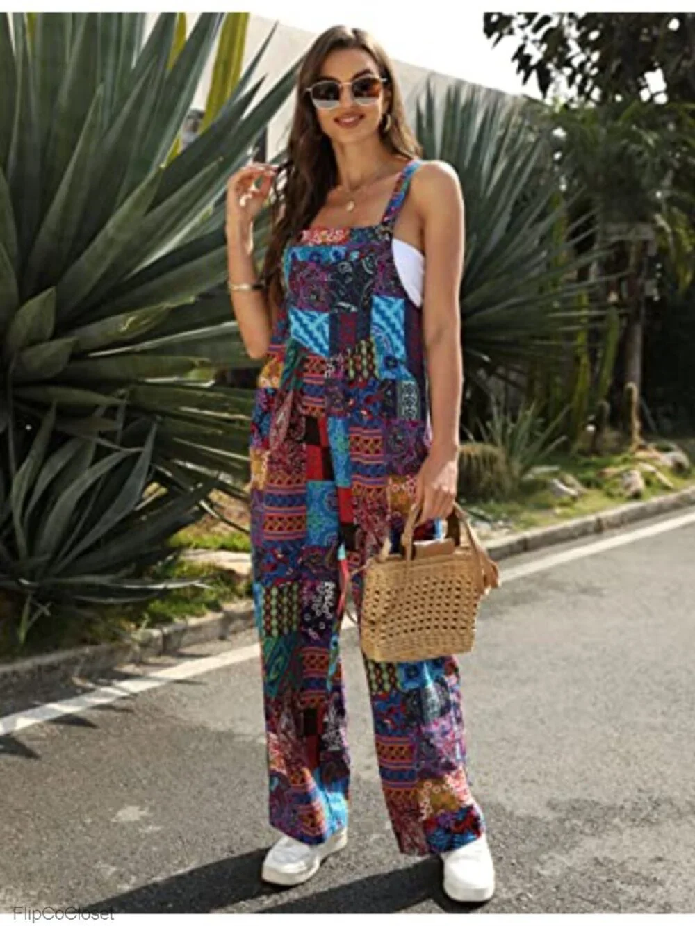 Women's Floral Loose Wide Leg Overalls with Pockets Boho Jumpsuit